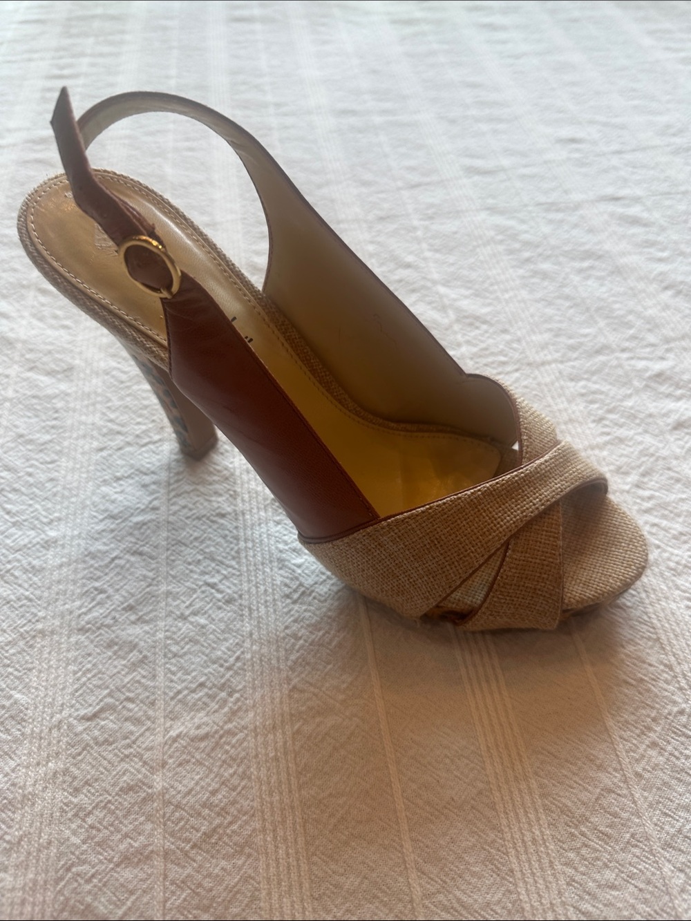 Nicole Miller Tan and Brown Woven Peep-Toe Slingback Heels